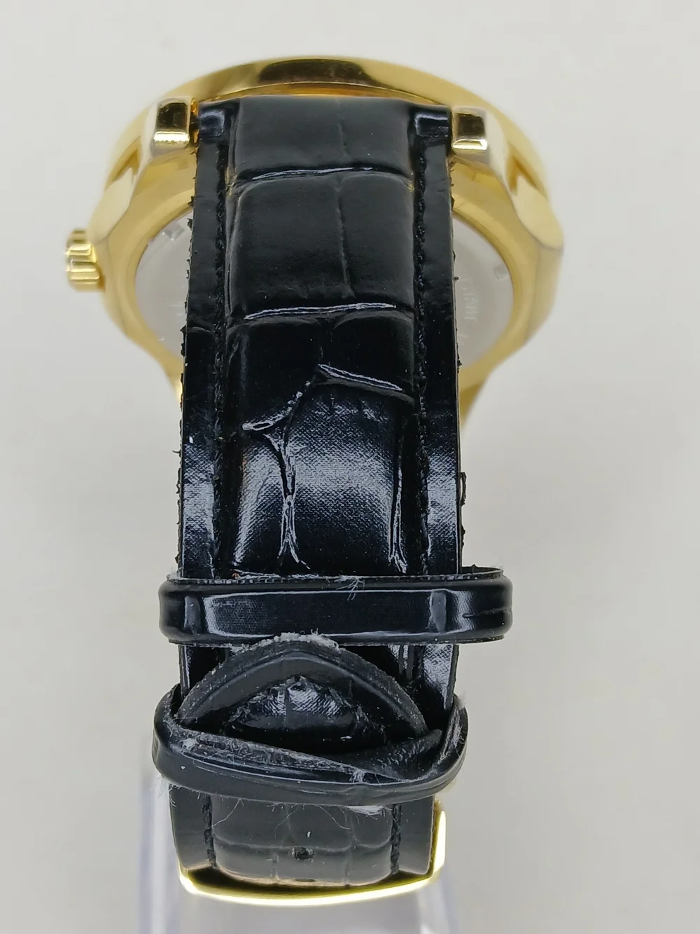 Techno Royale Mens Watch Gold Tone Case Genuine Diamond Bezel Black Leather...